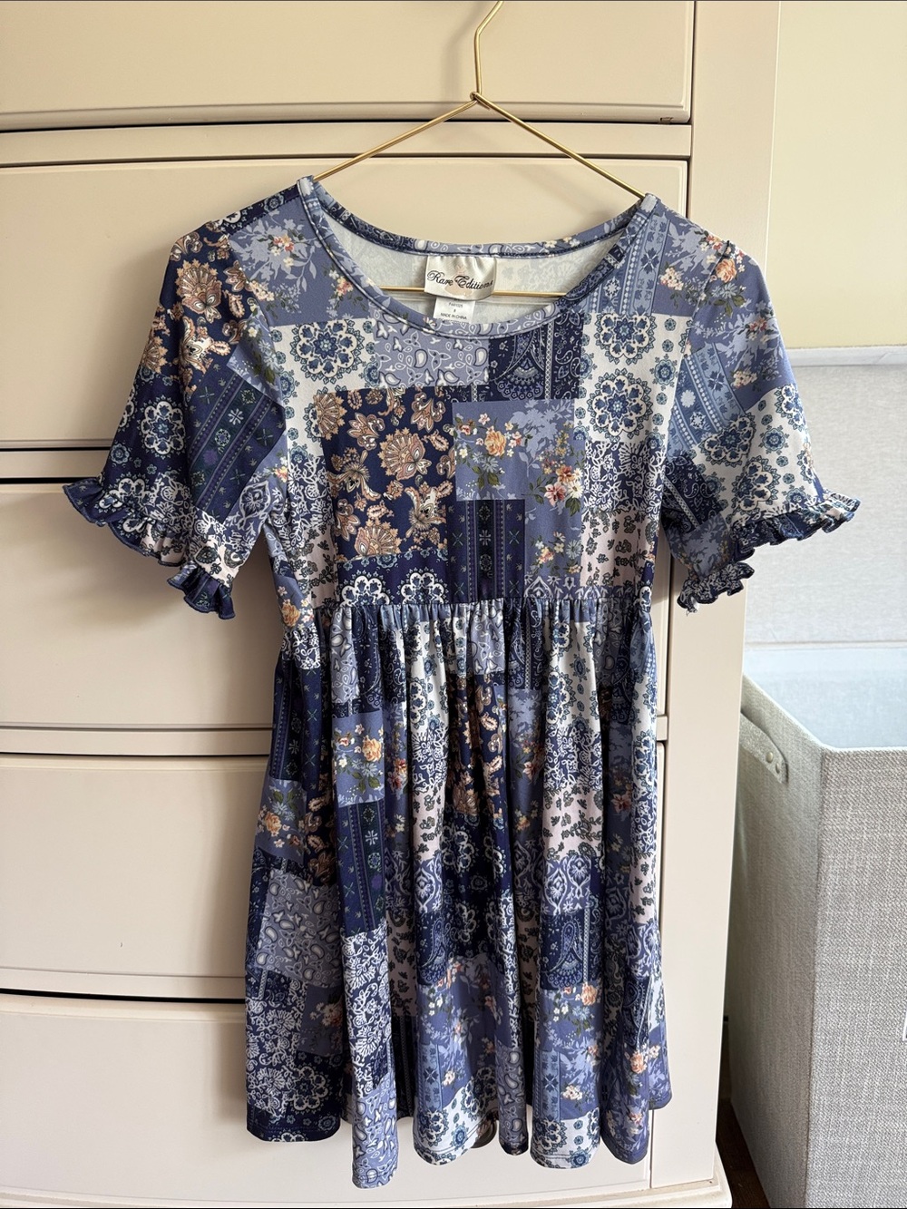 Rare Editions Blue Patchwork Floral Girls Ruffle-Sleeve Dress